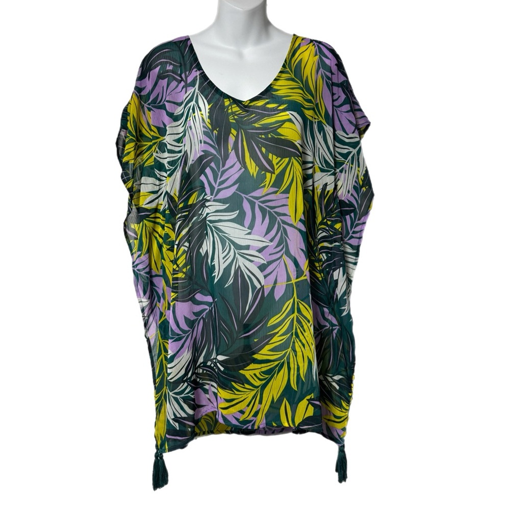 Palisades Beach Club Purple Green Bamboo Sheer Swim Coverup Tunic XS S Tassels